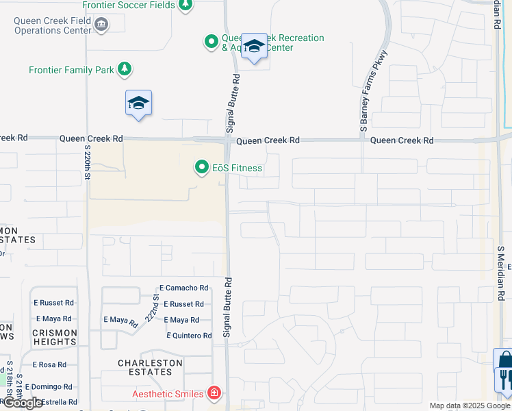 map of restaurants, bars, coffee shops, grocery stores, and more near 22489 East Saddle Court in Queen Creek