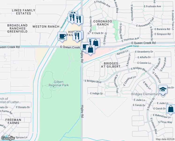 map of restaurants, bars, coffee shops, grocery stores, and more near 3193 East Magnolia Drive in Gilbert