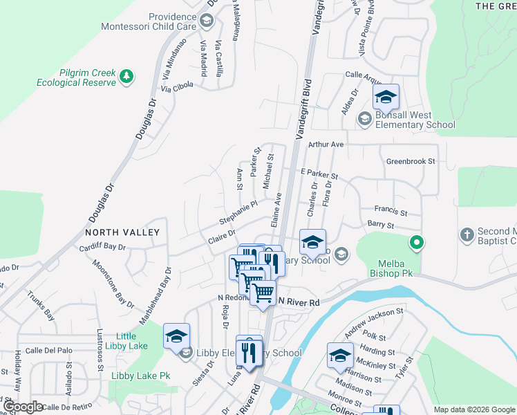 map of restaurants, bars, coffee shops, grocery stores, and more near 4948 Claire Drive in Oceanside
