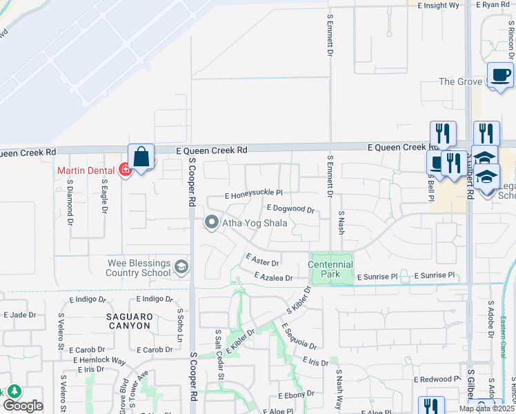 map of restaurants, bars, coffee shops, grocery stores, and more near 3216 South Cottonwood Drive in Chandler
