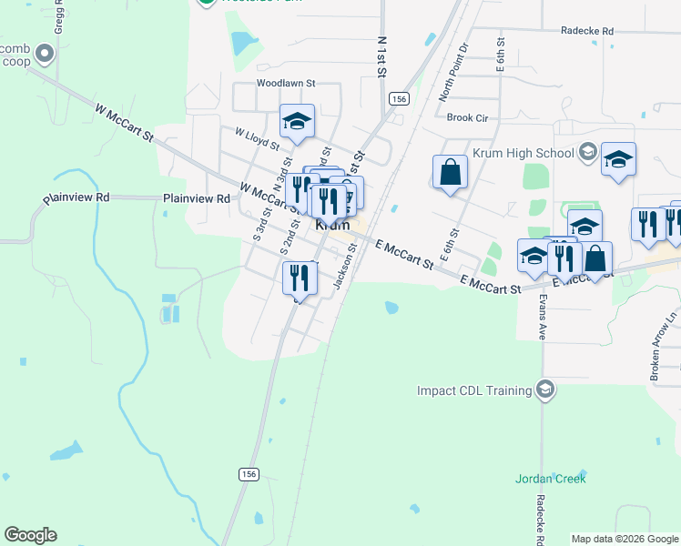 map of restaurants, bars, coffee shops, grocery stores, and more near 210 Jackson Street in Krum