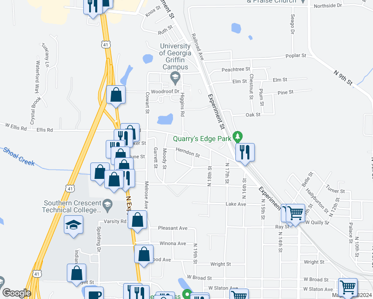 map of restaurants, bars, coffee shops, grocery stores, and more near 1303 Herndon Street in Griffin