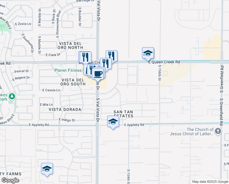 map of restaurants, bars, coffee shops, grocery stores, and more near 1720 East Nightingale Lane in Gilbert