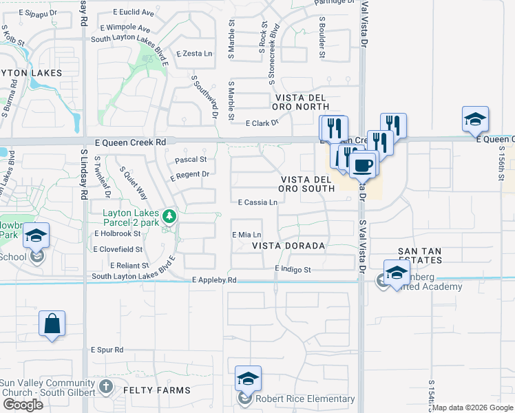 map of restaurants, bars, coffee shops, grocery stores, and more near 1299 Cassia Lane in Gilbert