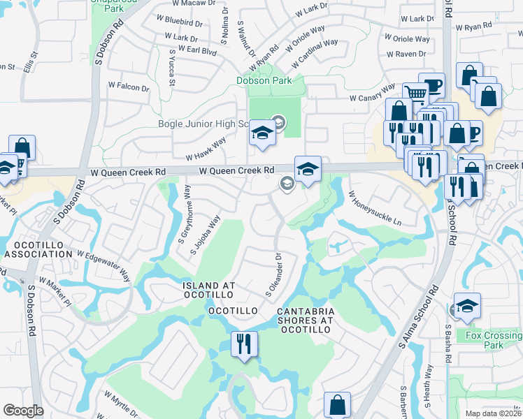 map of restaurants, bars, coffee shops, grocery stores, and more near 1645 W Wisteria Dr in Chandler