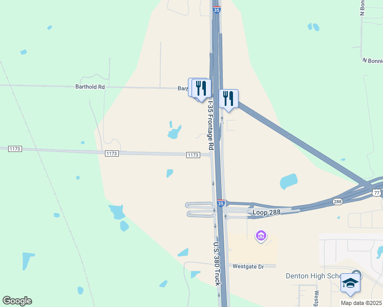 map of restaurants, bars, coffee shops, grocery stores, and more near 2000 Farm to Market Road 1173 in Denton