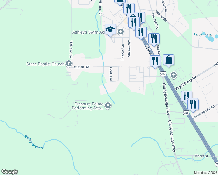 map of restaurants, bars, coffee shops, grocery stores, and more near 399 Carlee Avenue in Childersburg