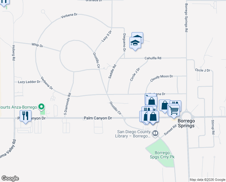 map of restaurants, bars, coffee shops, grocery stores, and more near 514 Verbena Drive in Borrego Springs