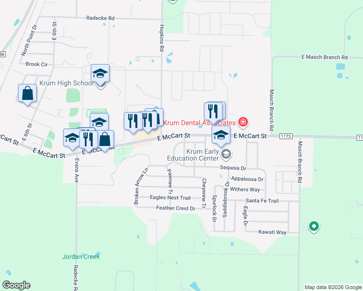 map of restaurants, bars, coffee shops, grocery stores, and more near 1324 Dakota Trail in Krum