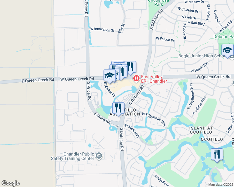 map of restaurants, bars, coffee shops, grocery stores, and more near 2511 West Queen Creek Road in Chandler