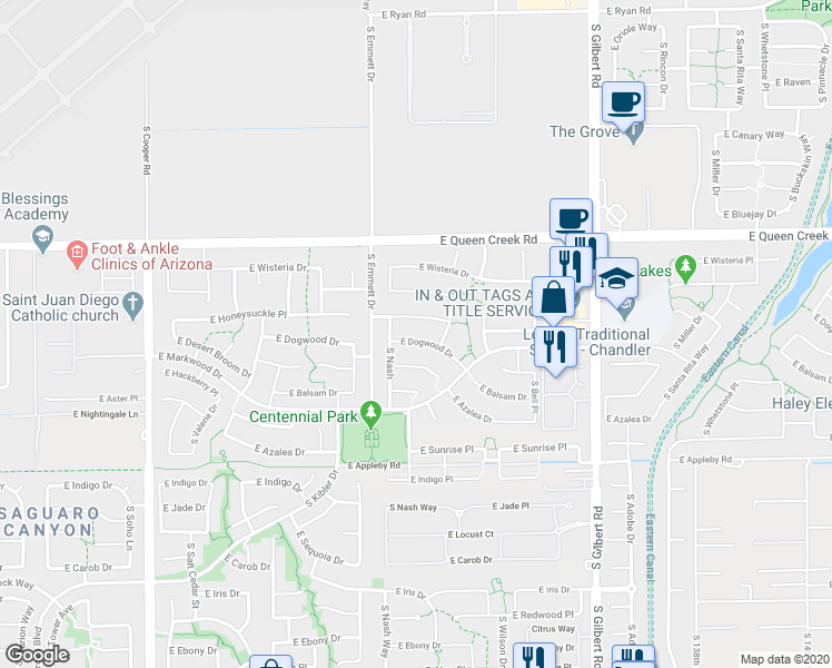 map of restaurants, bars, coffee shops, grocery stores, and more near 2576 East Dogwood Drive in Chandler