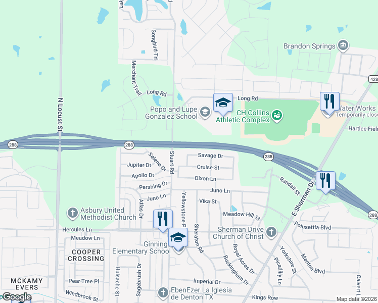 map of restaurants, bars, coffee shops, grocery stores, and more near 817 Savage Drive in Denton