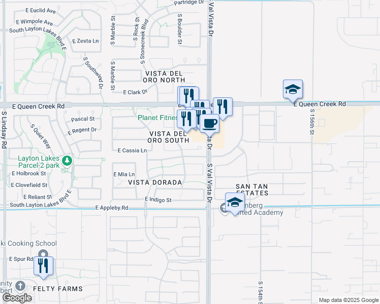 map of restaurants, bars, coffee shops, grocery stores, and more near 1529 East Cassia Court in Gilbert
