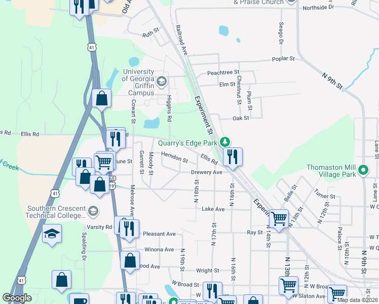 map of restaurants, bars, coffee shops, grocery stores, and more near 1223 Herndon Street in Griffin
