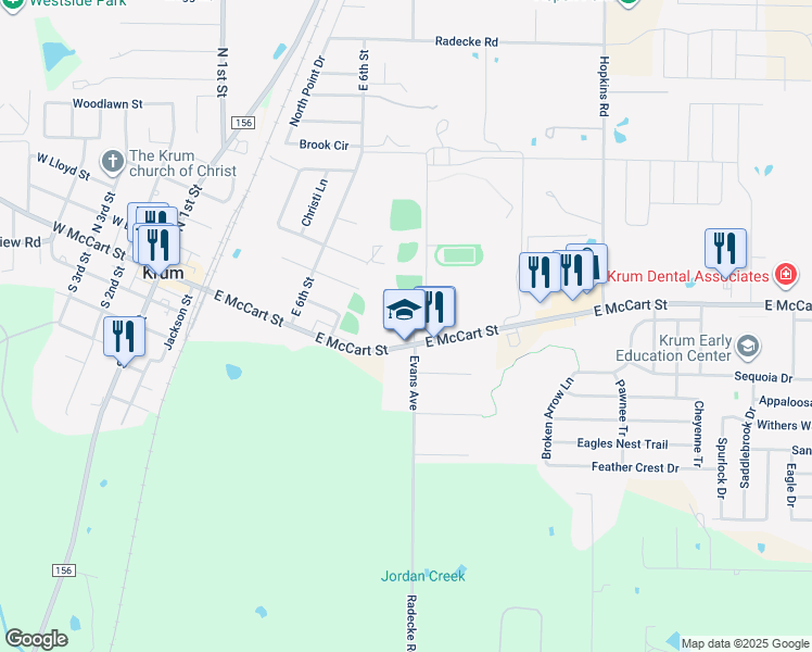 map of restaurants, bars, coffee shops, grocery stores, and more near 809 East McCart Street in Krum