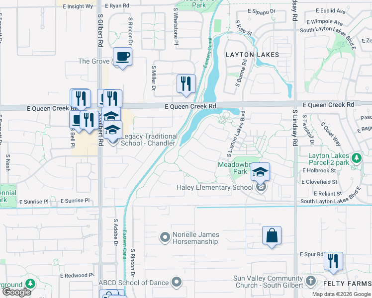 map of restaurants, bars, coffee shops, grocery stores, and more near 3499 East Desert Broom Drive in Chandler