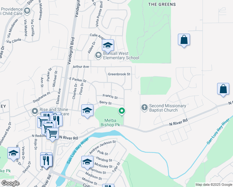 map of restaurants, bars, coffee shops, grocery stores, and more near 5148 Francis Street in Oceanside