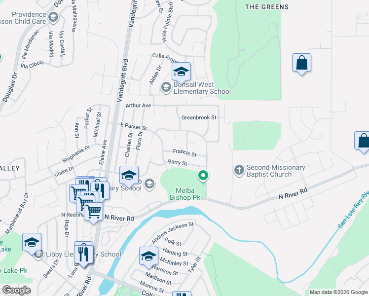 map of restaurants, bars, coffee shops, grocery stores, and more near 5125 Francis Street in Oceanside