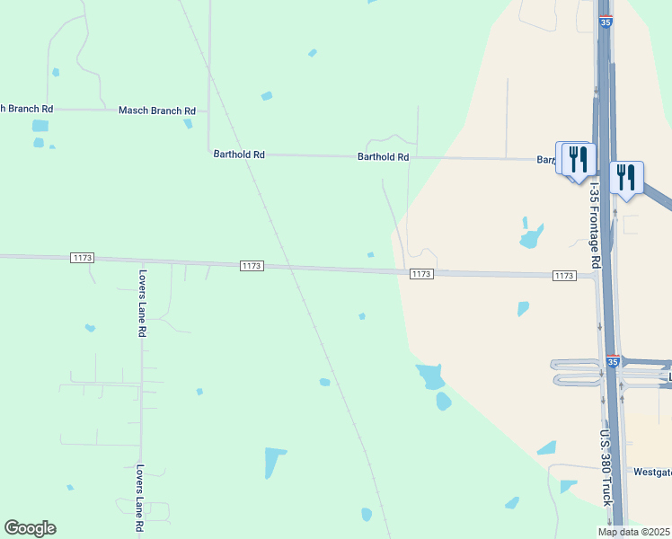 map of restaurants, bars, coffee shops, grocery stores, and more near 3331 Farm to Market Road 1173 in Denton