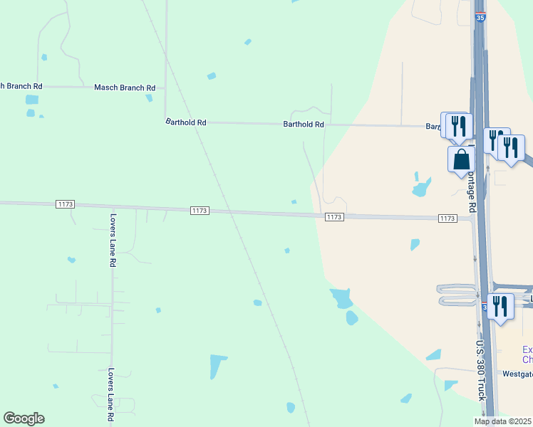 map of restaurants, bars, coffee shops, grocery stores, and more near 3331 Farm to Market Road 1173 in Denton