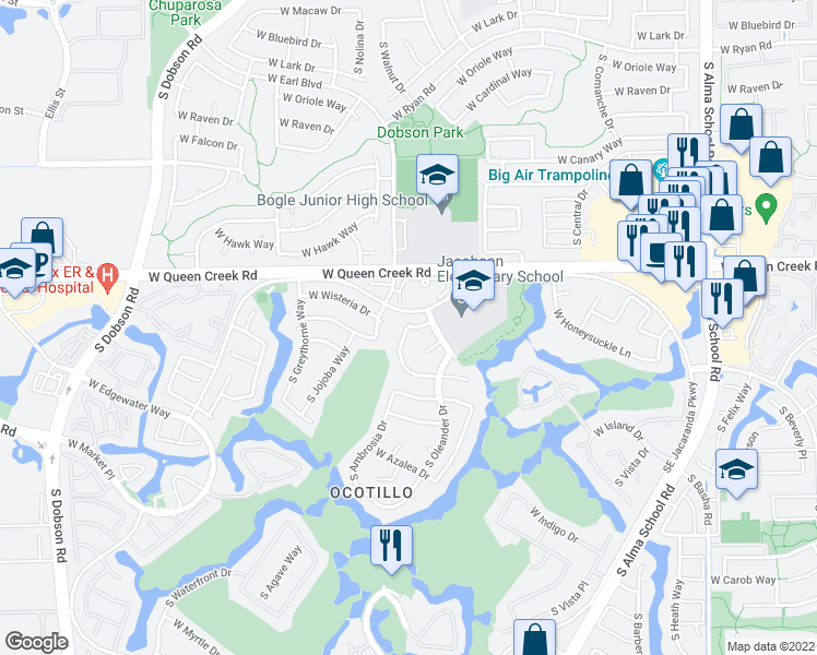map of restaurants, bars, coffee shops, grocery stores, and more near 1698 West Honeysuckle Lane in Chandler