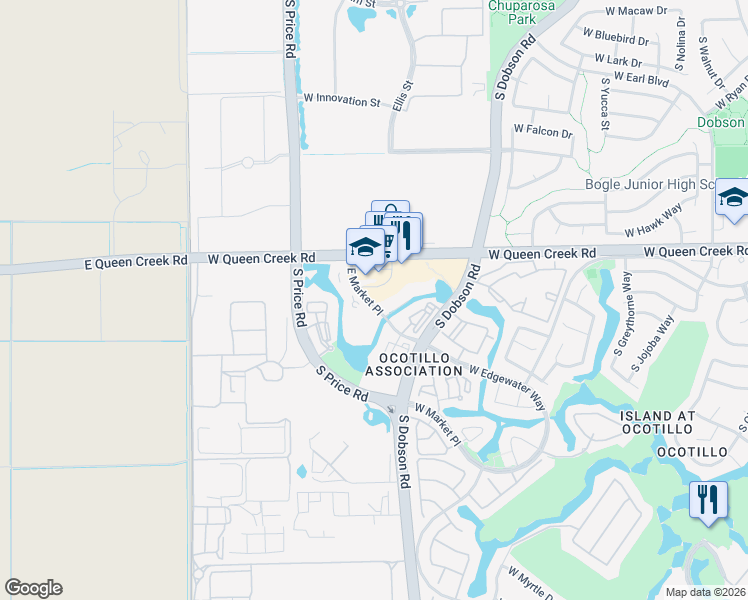 map of restaurants, bars, coffee shops, grocery stores, and more near 2511 West Queen Creek Road in Chandler