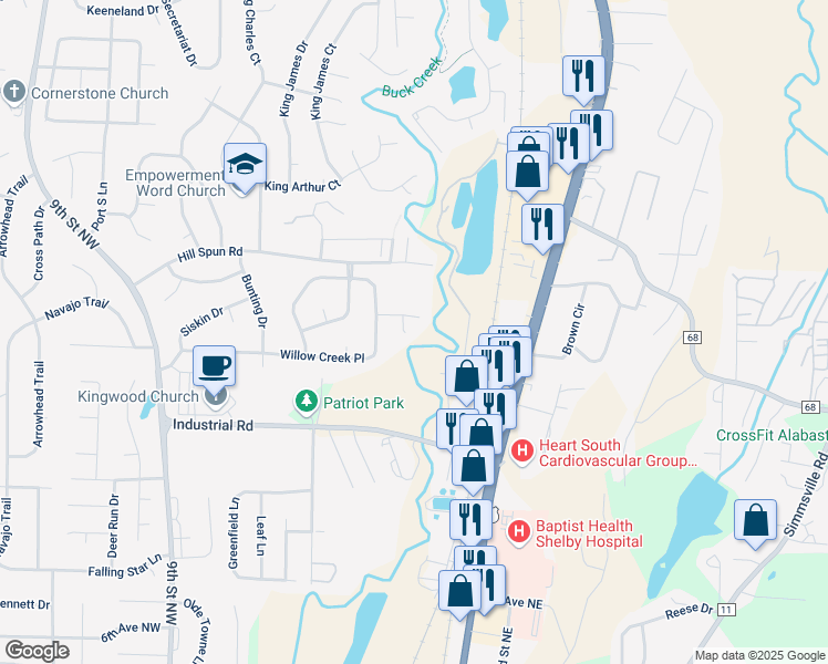 map of restaurants, bars, coffee shops, grocery stores, and more near 205 Willow Creek South Circle in Alabaster