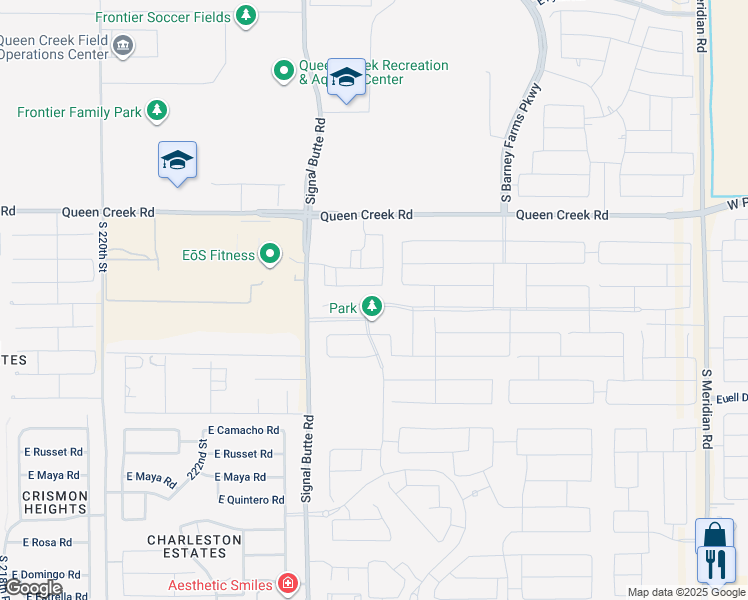 map of restaurants, bars, coffee shops, grocery stores, and more near 22538 East Saddle Way in Queen Creek