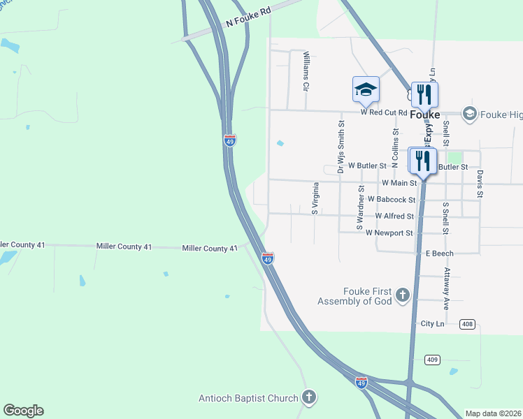 map of restaurants, bars, coffee shops, grocery stores, and more near South Burgess Road in Fouke