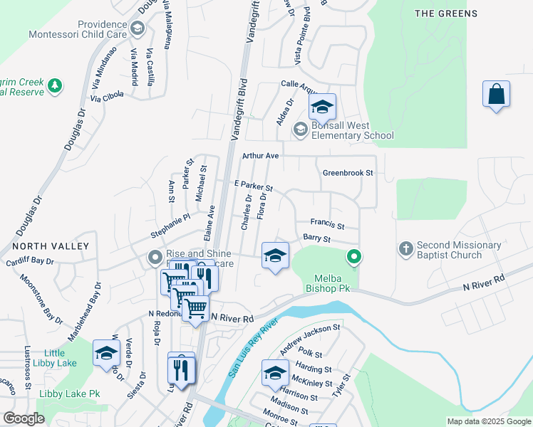 map of restaurants, bars, coffee shops, grocery stores, and more near 648 Flora Drive in Oceanside