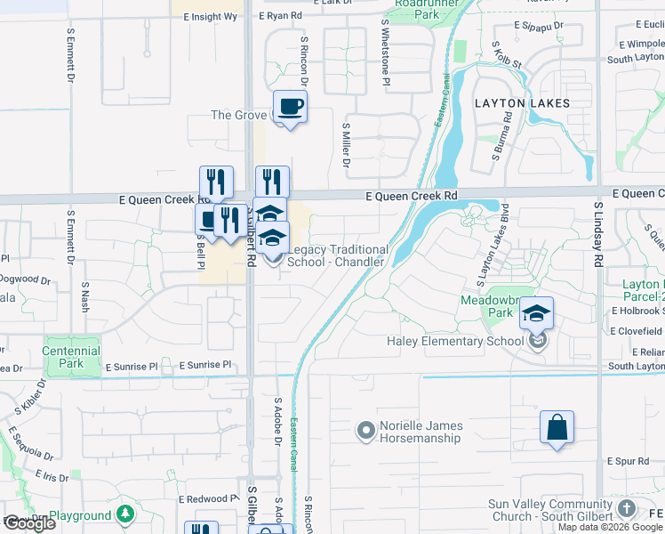 map of restaurants, bars, coffee shops, grocery stores, and more near 3263 South Miller Drive in Chandler