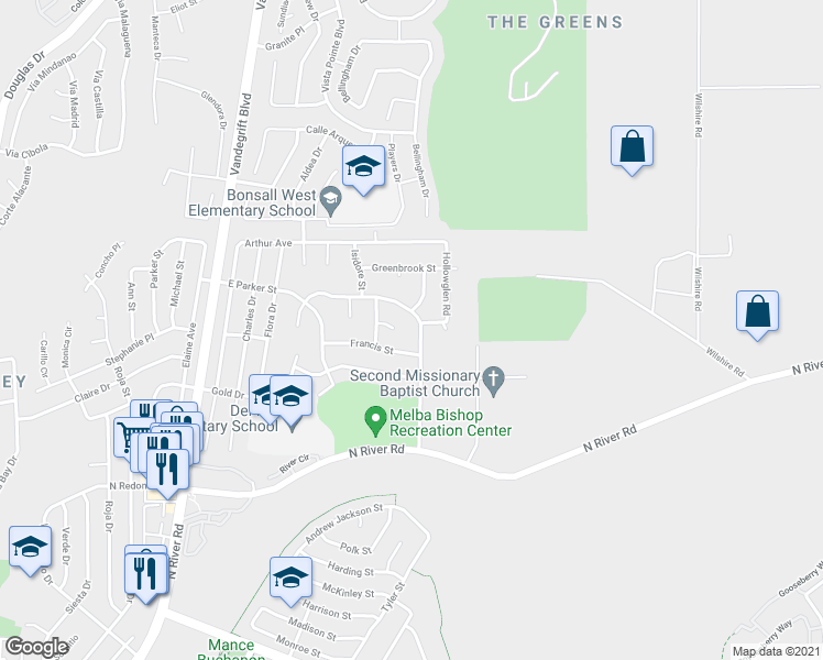 map of restaurants, bars, coffee shops, grocery stores, and more near 5148 Francis Street in Oceanside