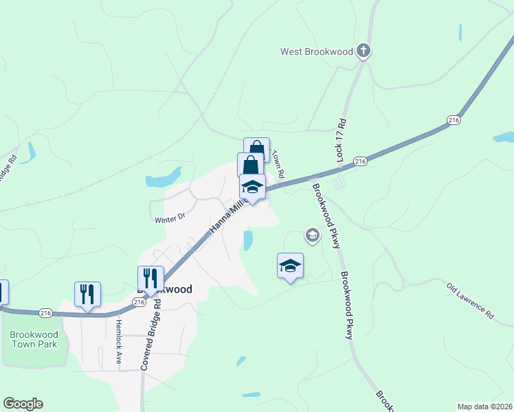 map of restaurants, bars, coffee shops, grocery stores, and more near 16049 Alabama 216 in Brookwood