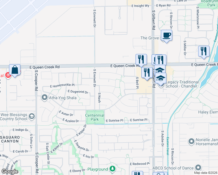 map of restaurants, bars, coffee shops, grocery stores, and more near 2576 East Dogwood Drive in Chandler