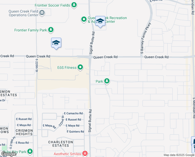 map of restaurants, bars, coffee shops, grocery stores, and more near 22462 East Saddle Court in Queen Creek
