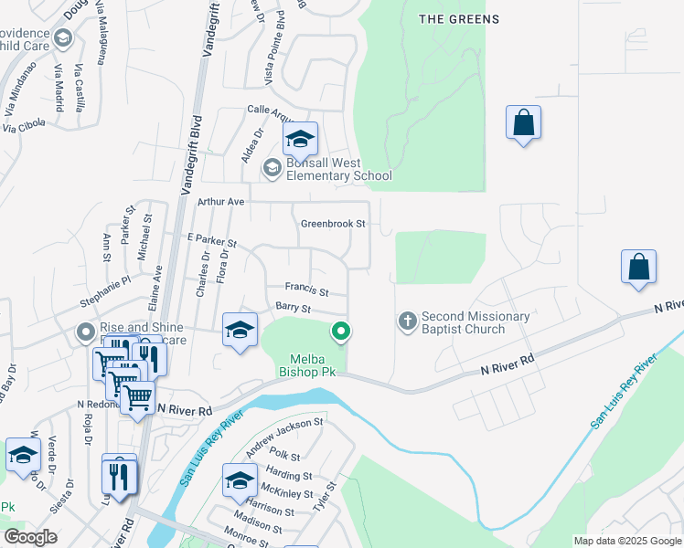map of restaurants, bars, coffee shops, grocery stores, and more near 5263 Leon Street in Oceanside