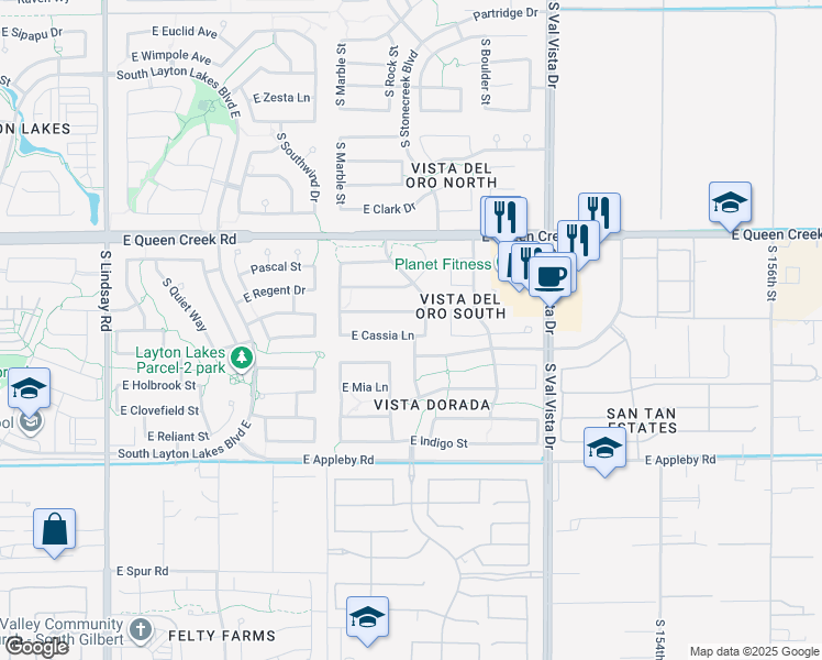 map of restaurants, bars, coffee shops, grocery stores, and more near 1352 Cassia Lane in Gilbert