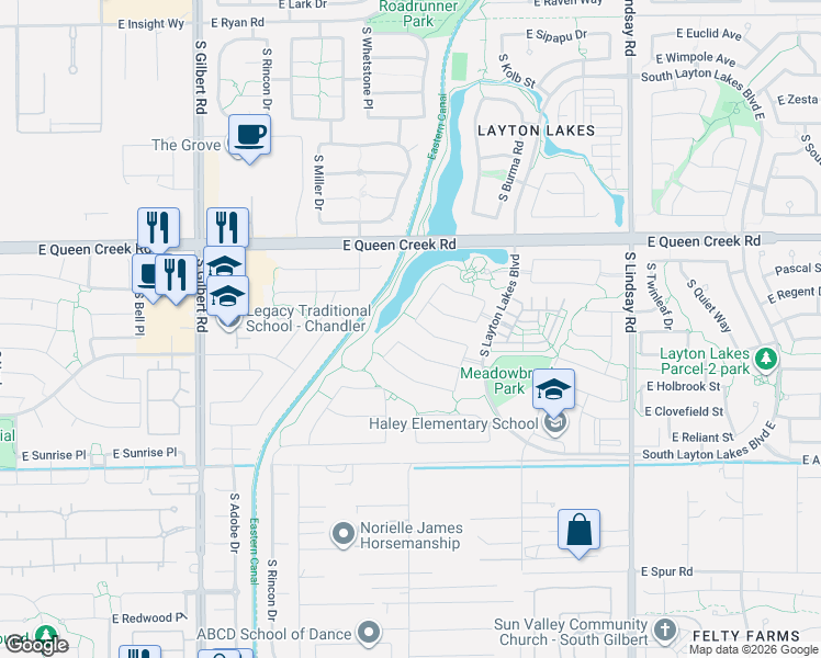 map of restaurants, bars, coffee shops, grocery stores, and more near 3499 East Desert Broom Drive in Chandler