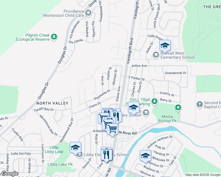 map of restaurants, bars, coffee shops, grocery stores, and more near 4948 Claire Drive in Oceanside