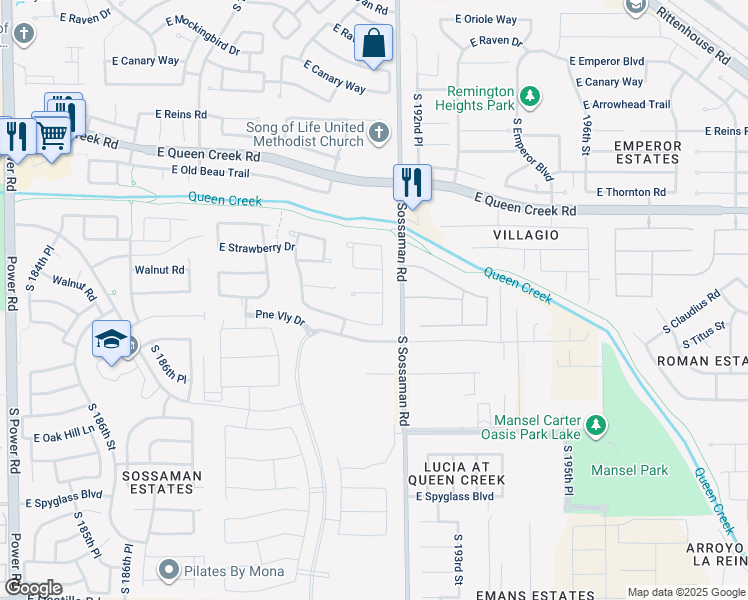 map of restaurants, bars, coffee shops, grocery stores, and more near 19124 East Peartree Lane in Queen Creek