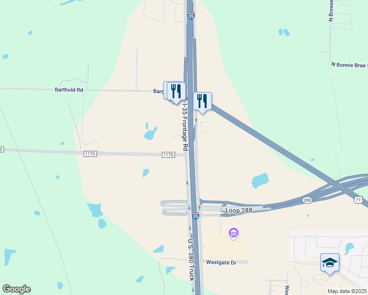 map of restaurants, bars, coffee shops, grocery stores, and more near 6415 Interstate 35 in Denton