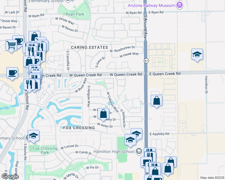 map of restaurants, bars, coffee shops, grocery stores, and more near 3160 South Nebraska Street in Chandler