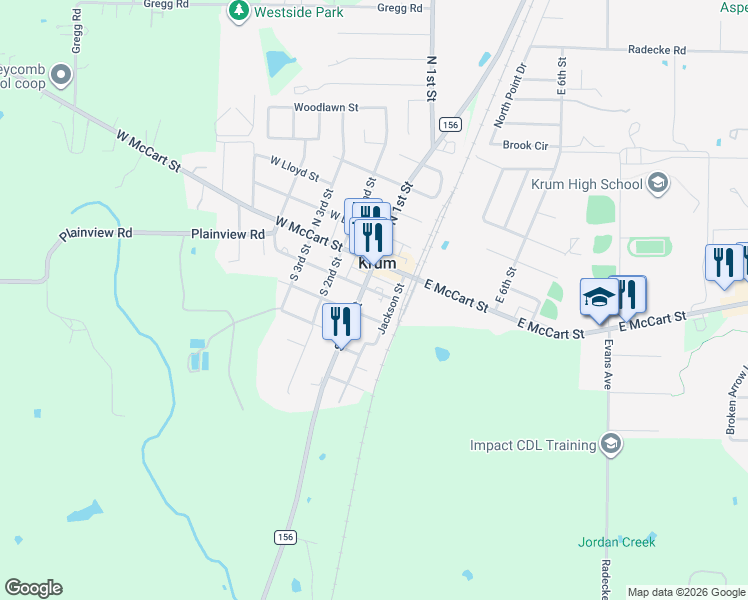 map of restaurants, bars, coffee shops, grocery stores, and more near 210 Jackson Street in Krum