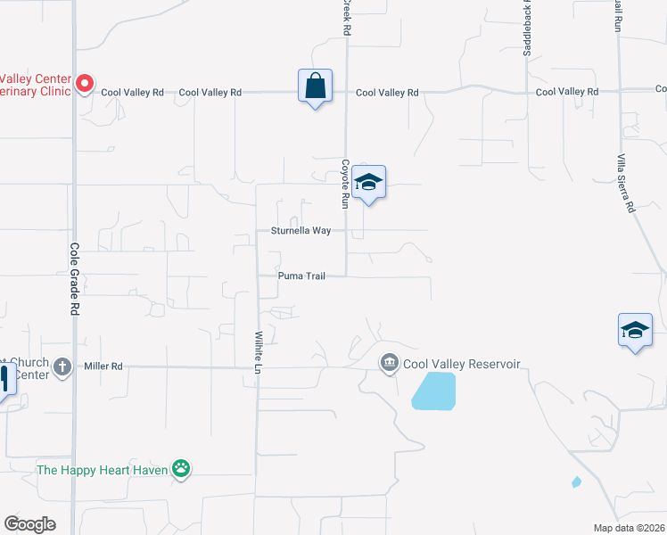 map of restaurants, bars, coffee shops, grocery stores, and more near 14680 Puma Trail in Valley Center