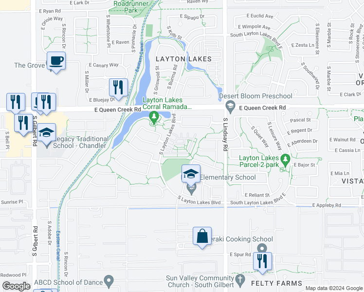 map of restaurants, bars, coffee shops, grocery stores, and more near 3707 East Dogwood Drive in Chandler