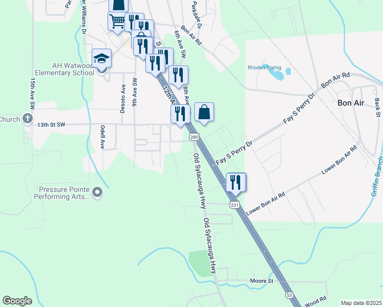 map of restaurants, bars, coffee shops, grocery stores, and more near 7933 Old Sylacauga Highway in Childersburg