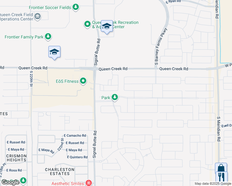 map of restaurants, bars, coffee shops, grocery stores, and more near 22503 East Saddle Court in Queen Creek