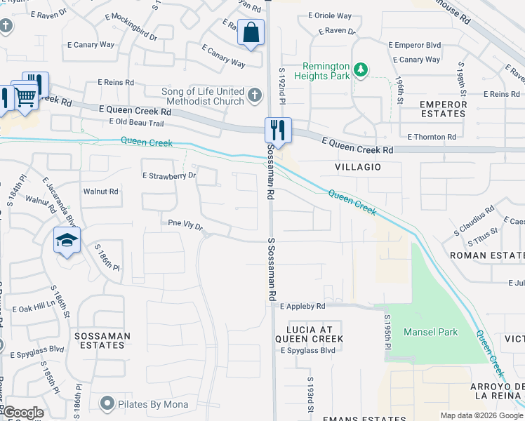 map of restaurants, bars, coffee shops, grocery stores, and more near 19220 East Pine Valley Drive in Queen Creek
