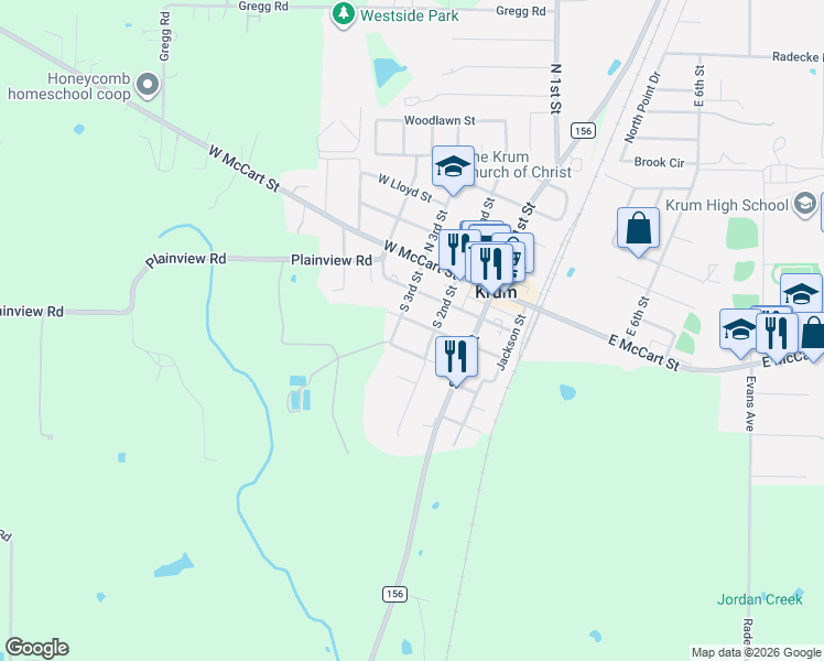 map of restaurants, bars, coffee shops, grocery stores, and more near 402 West Jones Street in Krum