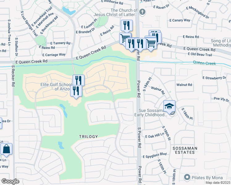 map of restaurants, bars, coffee shops, grocery stores, and more near 4668 East Peartree Lane in Gilbert